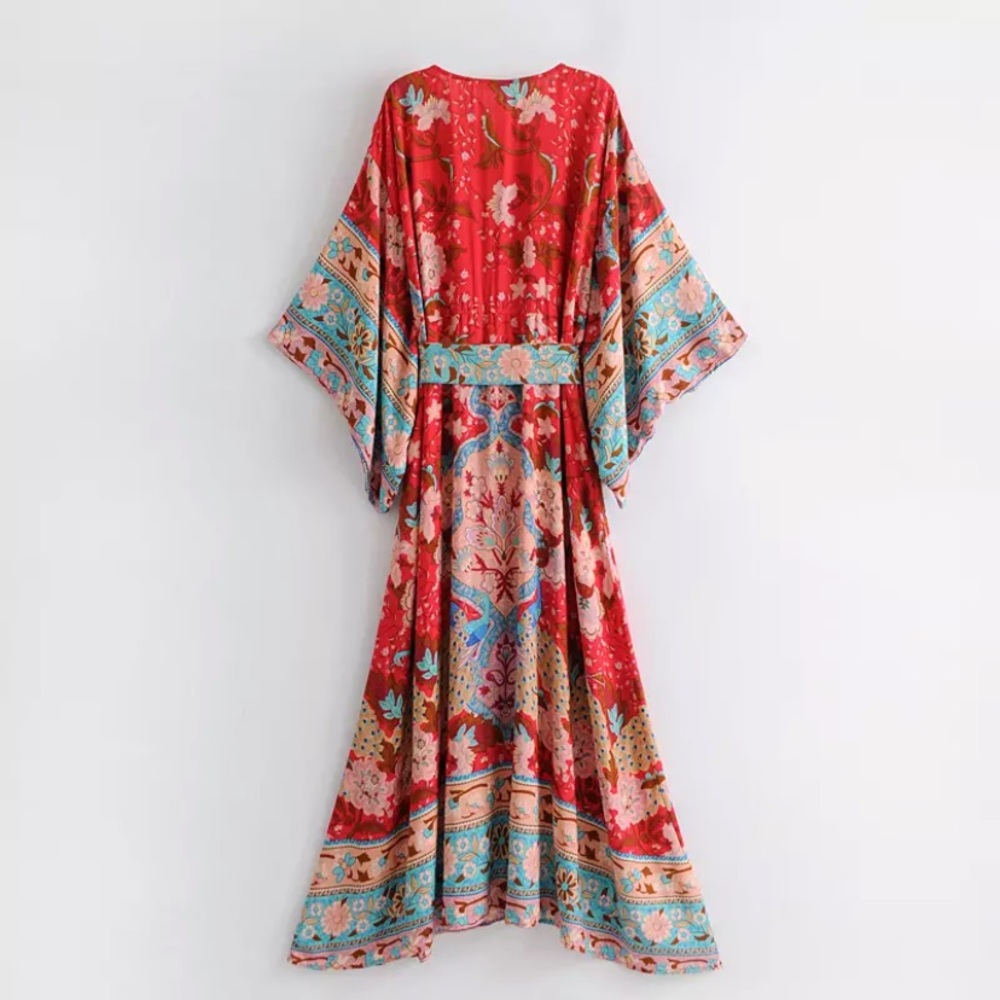 Bohemian Red Floral Gypsy Kimono Long Maxi Dress - Picture 2 of 16